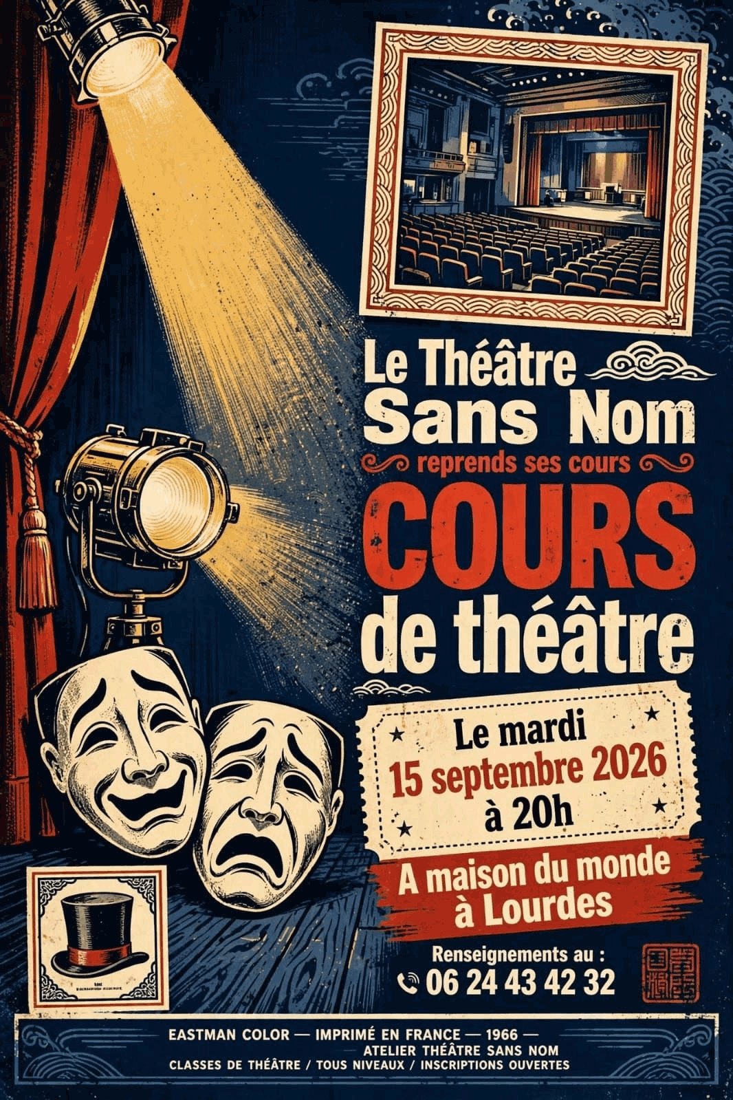 Affiche : le Théâtre Sans Nom reprend ses cours de théâtre le mardi 15 septembre 2026 à 20h, à la Maison du Monde à Lourdes. Renseignements au 06 24 43 42 32.